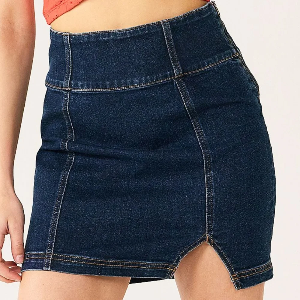 NWT Sz 26-3XL Dark Wash Denim Thigh Slit Mini Skirt